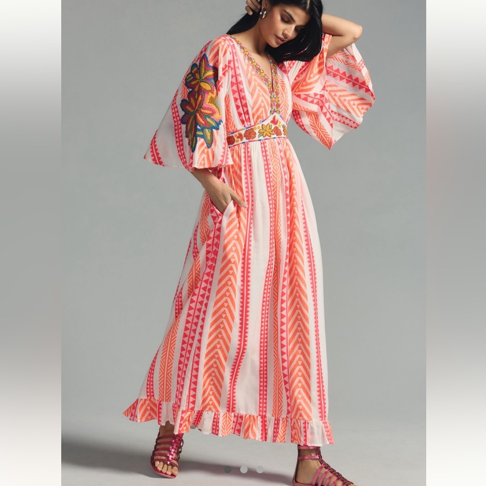 Farm Rio embroidered flare sleeve dress S bright multi colored